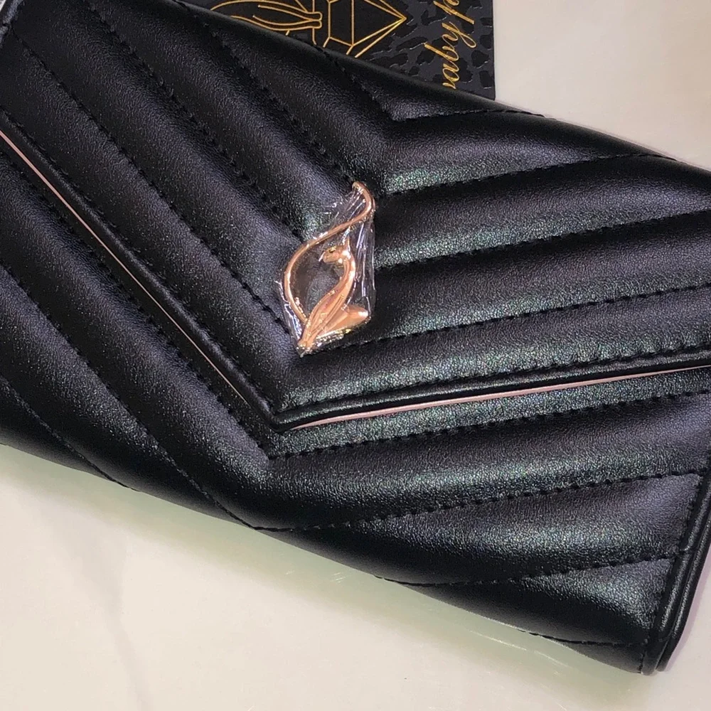 Baby Phat Black Faux Leather Quilted Chevron Flap Clutch Wallet Cat Logo NWT